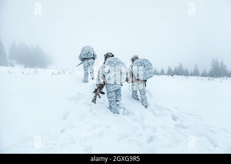 La guerre des montagnes de l'Arctique en hiver. L'action dans des conditions froides. Escouade de soldats avec des armes dans la forêt quelque part au-delà du cercle arctique. Vue arrière Banque D'Images