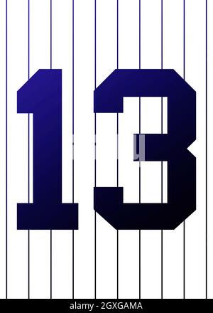 Panneau en jersey de sport brillant numéro 13 blanc et bleu foncé avec des bandes verticales Banque D'Images