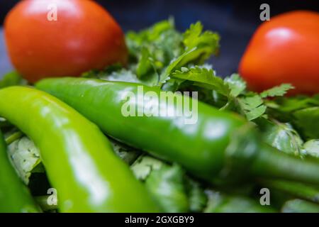 Gros plan de deux piments verts et de deux tomates au-dessus de la coriandre. Légumes verts et rouges frais et épicés sur des herbes comestibles. Préparation de repas sains Banque D'Images
