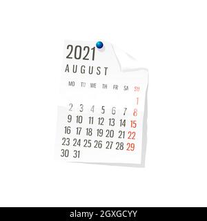 Calendrier 2021 sur livre blanc, août. Vecteur modifiable sur fond blanc Banque D'Images