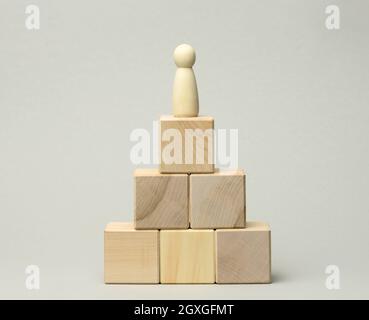 figurine en bois d'un homme au sommet de la pyramide. Le concept de la croissance de carrière, la réalisation des objectifs. Croissance personnelle, responsable de la société, PDG Banque D'Images