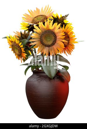 Rendu 3D de tournesols communs ou d'Helianthus dans un vase isolé sur fond blanc Banque D'Images