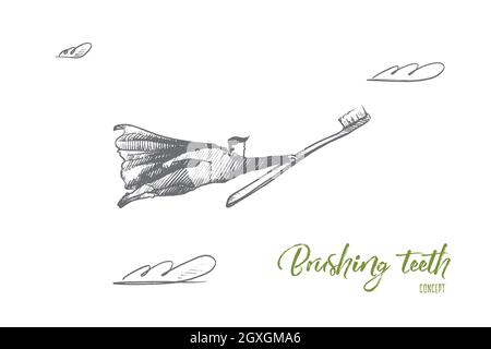 Concept de brossage des dents. Super-héros dessiné à la main avec brosse pour les dents à la main. L'homme volant tient l'illustration vectorielle isolée de la brosse à dents. Illustration de Vecteur