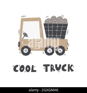 Joli camion de dessin animé avec lettrage - camion cool. Illustration vectorielle en couleur dessinée à la main pour enfants, affiche. Illustration de Vecteur