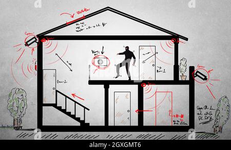 Voleur est à l'intérieur d'un appartement et essayez d'éviter le système d'alarme Banque D'Images