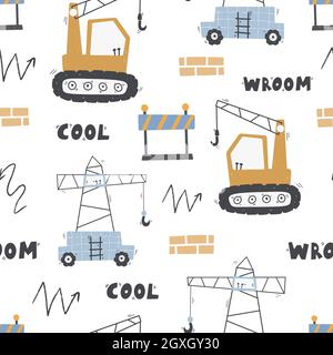 Joli motif sans coutures pour enfants avec camions et digesteurs de style scandinave sur fond blanc. Équipement de construction. Transport drôle de construction Illustration de Vecteur