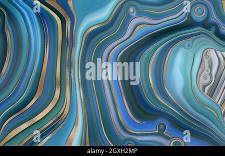 Arrière-plan en marbre d'agate abstrait. Bleu turquoise effet marbruant, veine dorée. Design fluide et ondulé dans des tons pastel bleu turquoise vert, Banque D'Images