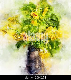 Bouquet de tournesol fleur peinture à l'aquarelle. Banque D'Images