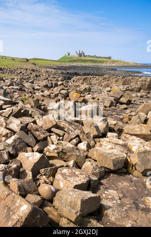 Château de Dunstanburgh Northumberland Angleterre vue de la côte rocheuse près du village de Cester Northumberland côte Angleterre GB Royaume-Uni Europe Banque D'Images