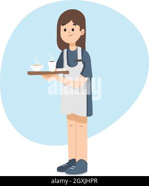 Une fille tient un plateau et sert du café et du thé au café-restaurant. Jolie serveuse servant du café. Illustration vectorielle isolée plate. Illustration de Vecteur