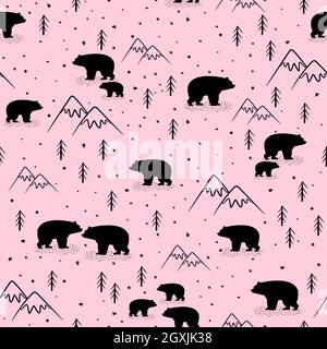 Motif vectoriel sans couture avec ours noir mignon sur fond rose Illustration de Vecteur
