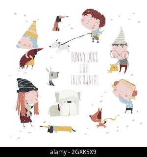 Propriétaires adorables marchant avec leurs chiens drôles dans Winter Park Illustration de Vecteur