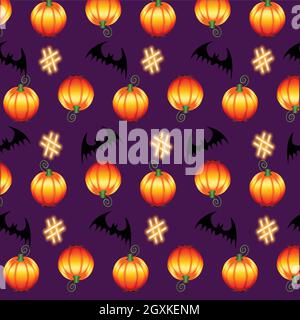 Motif Halloween d'automne avec citrouilles, chauves-souris et un panneau hashtag sur fond violet. Illustration vectorielle Illustration de Vecteur