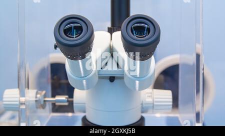 Oculaires d'un microscope à lumière ou fluorescent dans un environnement de laboratoire de recherche Banque D'Images