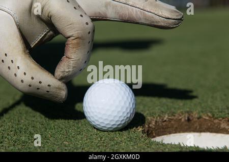 Close up of man's hand putting balle de golf dans le trou en cours Banque D'Images