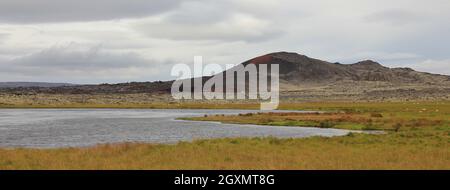 Vieux champs de lave, pré vert et de l'étang en Islande. Banque D'Images