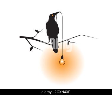 Ampoule de retenue d'oiseau Raven sur branche, Vector.Illustration d'oiseau corbeau isolée sur fond blanc.Art mural, illustrations, décalques muraux Illustration de Vecteur