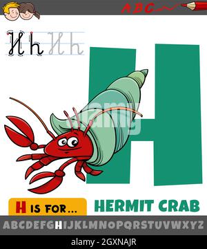 Illustration pédagogique de la lettre H de l'alphabet avec caractère animal de crabe ermit Illustration de Vecteur