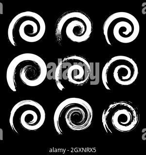 Ensemble de bandes en spirale blanches.Textures de détresse.Éléments de design de style Doodle pour cadres, badges, étiquettes et emblèmes.Grassez les coups de pinceau ronds Illustration de Vecteur