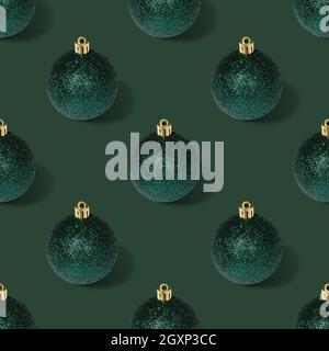 Motif sans couture avec boules de Noël sur fond vert. Banque D'Images