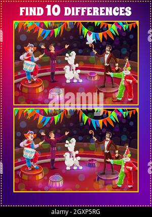Cirque dix différences jeu pour enfants. Activités éducatives pour enfants, jeu vectoriel de dessins animés avec tâche correspondante. Énigme logique, exercices de jeu d'enfant avec Illustration de Vecteur
