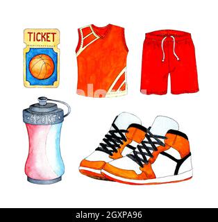 Ensemble d'aquarelles de basket-ball. Short et T-shirt, uniformes, baskets et bouteille d'eau de sport. Symbole basket-ball sport et accessoires. Isolé sur le coup Banque D'Images