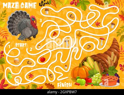 Labyrinthe de labyrinthe, dinde de Thanksgiving, feuilles d'automne et cornucopia, énigme de plan d'examen pour les enfants vectoriels. Jeu de société, trouver un chemin ou échapper labyrinthe puzzle f Illustration de Vecteur