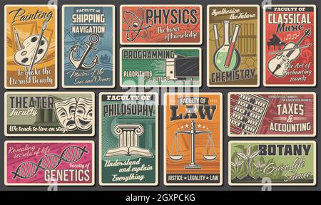 Bannières rétro vectorielles université, facultés de l'académie. Programmation technologie de l'information, peinture et arts musicaux, chimie, génétique et botanique coll Illustration de Vecteur