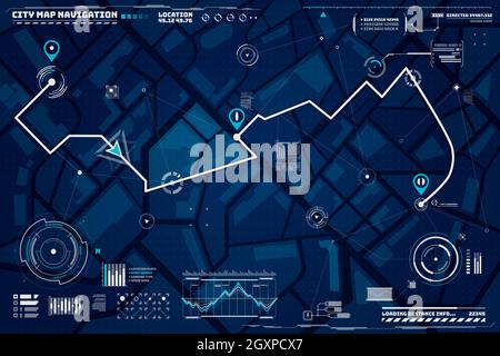 Arrière-plan de navigation HUD. Interface de l'écran de navigation de la carte de la ville avec boussole, graphiques et points de la carte sur l'écran de l'ordinateur. Voyage en voiture ou livraison Illustration de Vecteur