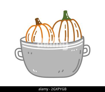 Deux adorables citrouilles dans un pot isolé sur fond blanc. Illustration vectorielle dessinée à la main, style doodle. Parfait pour les cartes, les motifs de vacances, les décorations, les invitations. Illustration de Vecteur
