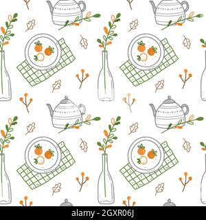 Motif sans couture avec éléments automnaux - adorable théière et vase avec brindilles, assiettes avec persimmon, feuilles et baies. Illustration vectorielle en style doodle. Parfait pour les motifs de vacances, le papier d'emballage Illustration de Vecteur