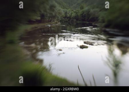 rivière au coucher du soleil dans la forêt avec effet de flou Banque D'Images