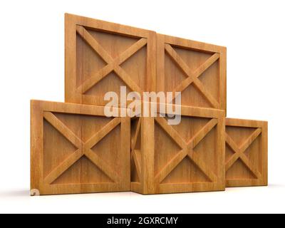 Pile de marchandises scellées empilées boîtes en bois, caisses de chargement de palettes caisses industrielles ou boîtes à conteneurs pour le stockage, le transport logistique et la livraison, Banque D'Images