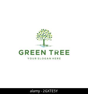 Motif minimaliste VERT ARBRE feuilles rivière logo Illustration de Vecteur