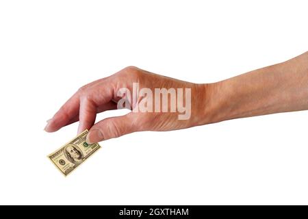 Inflation conceptuelle.Minuscule facture de 100 dollars à la main. Banque D'Images