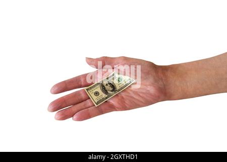 Inflation conceptuelle.Minuscule facture de 100 dollars à la main. Banque D'Images