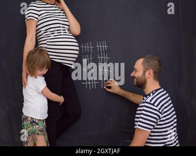 Deux jeunes femmes enceintes avec mignon comptes fille semaine de grossesse et en les écrivant à la craie sur tableau noir Banque D'Images