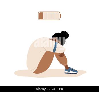 Épuisement émotionnel. Triste adolescent africain avec une batterie faible assis sur le sol et pleurant. Problème de santé mentale. Échéance, stress et fatigue Illustration de Vecteur