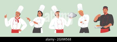 Jeu de personnages de dessin animé du chef de restaurant montrant différents gestes de main exprimant des émotions, illustration à vecteur isolé. Illustration de Vecteur