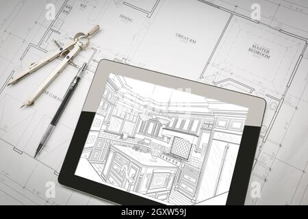 Tablette D'Ordinateur Montrant L'Illustration De La Cuisine Sur Les Plans De Maison, Crayon, Boussole. Banque D'Images