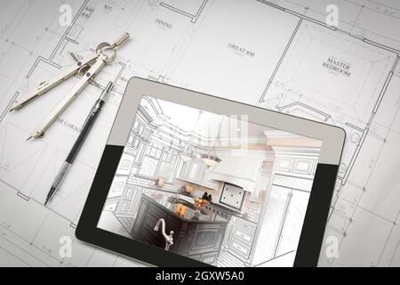 Tablette D'Ordinateur Montrant L'Illustration De La Cuisine Sur Les Plans De Maison, Crayon, Boussole. Banque D'Images