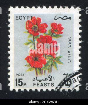 ÉGYPTE - VERS 1996 : timbre imprimé par l'Égypte, affiche des fleurs rouges, vers 1996 Banque D'Images