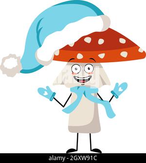 Adorable personnage amanita avec des émotions joyeuses, un visage souriant, des yeux heureux, des bras et des jambes. Mouche agarique Mushroom de la forêt avec l'expression aimable. Joyeux nouvel an en chapeau, écharpe et moufles de père Noël bleus Illustration de Vecteur