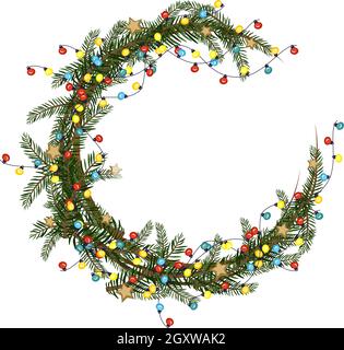 Cadre de Noël rond en branches de sapin avec guirlande de bulbes multicolores et étoiles dorées. Décoration festive pour le nouvel an et les vacances d'hiver Illustration de Vecteur