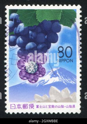 JAPON - VERS 2001: Timbre imprimé par le Japon montre des raisins, des bijoux et des montagnes Fuji, vers 2001 Banque D'Images