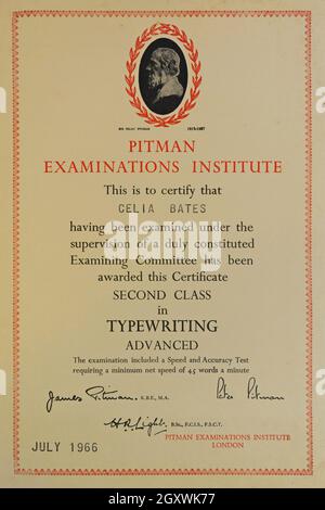 Certificat de passe d'examen pour les cours de secrétariat de Pitman vintage pour la rédaction de caractères avancée Banque D'Images