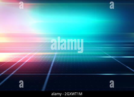 Arrière-plan d'espace 3d abstrait graphique avec évasement de lentille et ligne lumineuse à distance, illustration 3d Banque D'Images