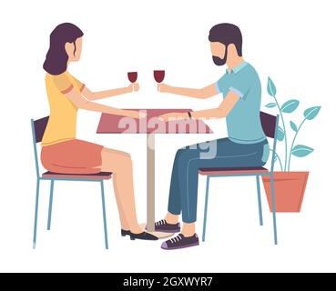 Couple heureux en amour de boire du vin assis à la table du restaurant, illustration vectorielle plate.Date romantique. Illustration de Vecteur