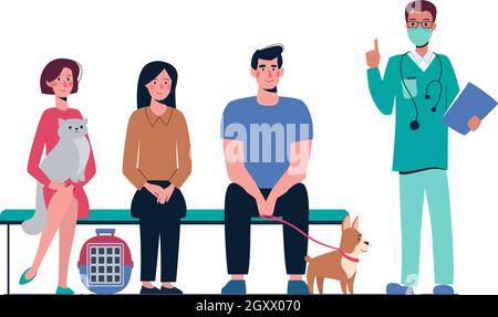 File d'attente à la clinique vétérinaire.Les personnes avec des animaux de compagnie attendent sur le banc, le vétérinaire les conseille.Propriétaires de chats et de chiens.Illustration vectorielle, style plat, isolée sur blanc Illustration de Vecteur