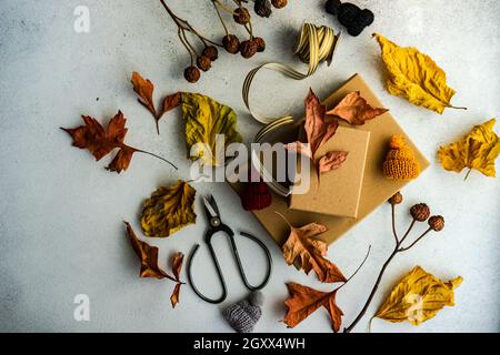 Deux boîtes-cadeaux automnales attachées avec un ruban, des feuilles d'automne séchées et des décorations de baies Banque D'Images